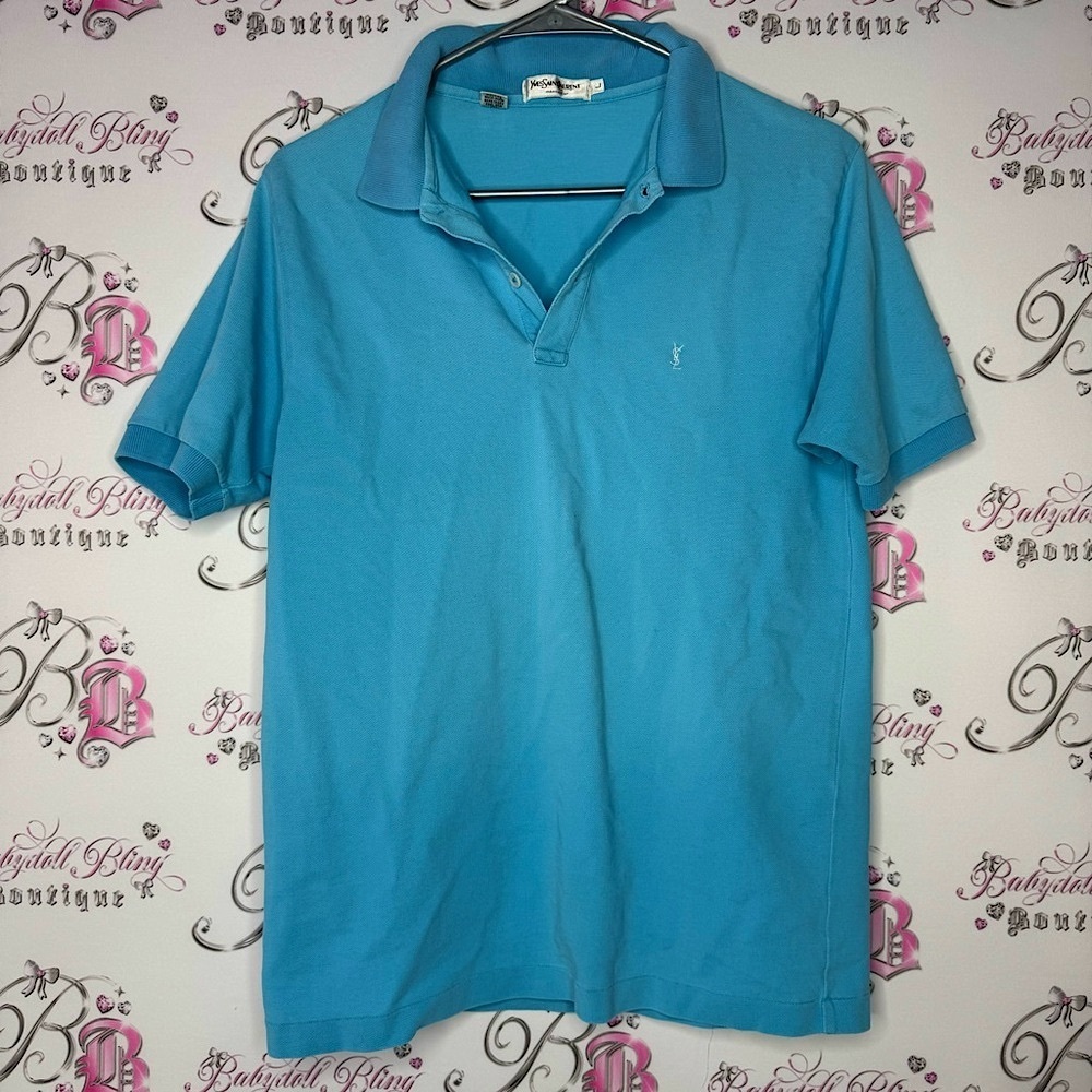 YSL shirt collared button up blue with white embroidery ๐ชก logo on front rare